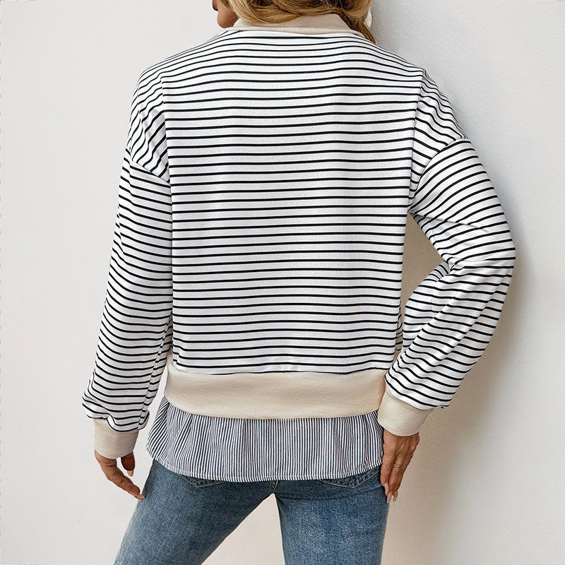 Striped Sweatshirt With Ruffle Peplum Hem - White - 1