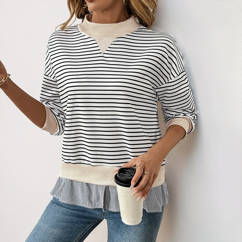 Striped Sweatshirt With Ruffle Peplum Hem - White - 2