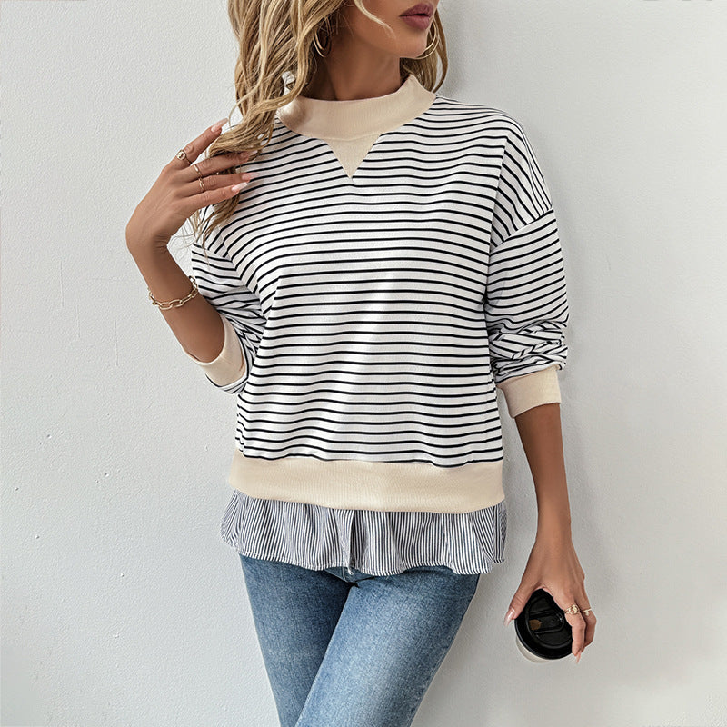 Striped Sweatshirt With Ruffle Peplum Hem - White - 3