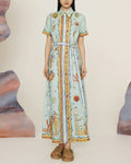Illustrated Print Belted Maxi Shirt Dress - Decor