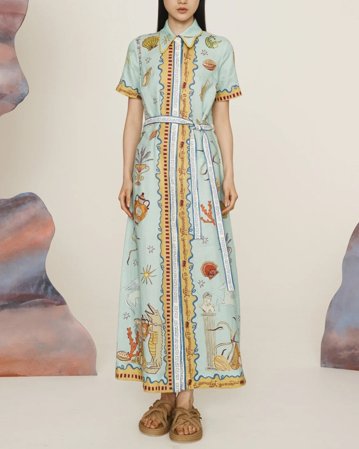 Illustrated Print Belted Maxi Shirt Dress - Decor