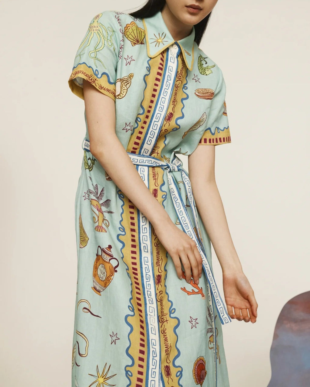 Illustrated Print Belted Maxi Shirt Dress - Decor - 1