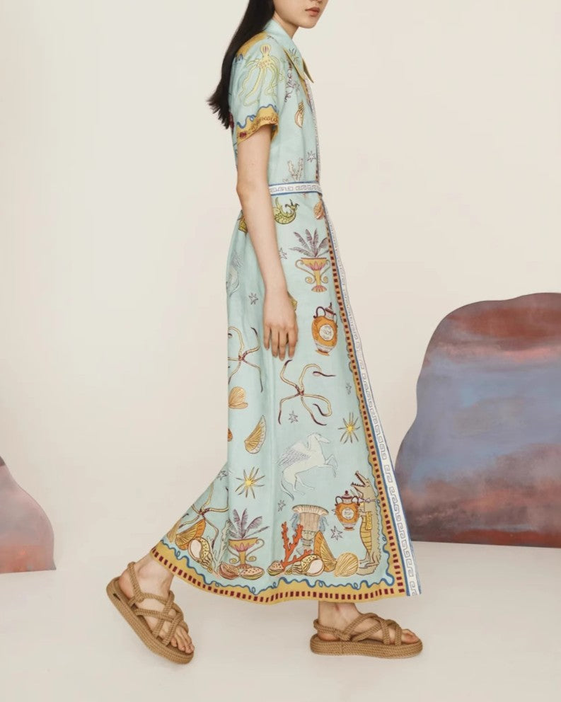 Illustrated Print Belted Maxi Shirt Dress - Decor - 2