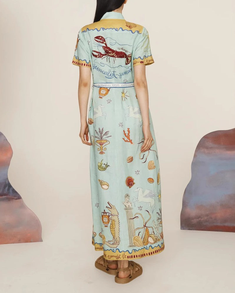 Illustrated Print Belted Maxi Shirt Dress - Decor - 3