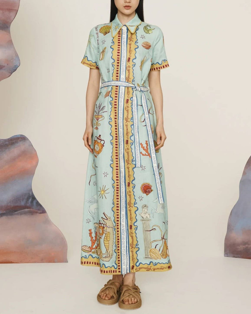 Illustrated Print Belted Maxi Shirt Dress