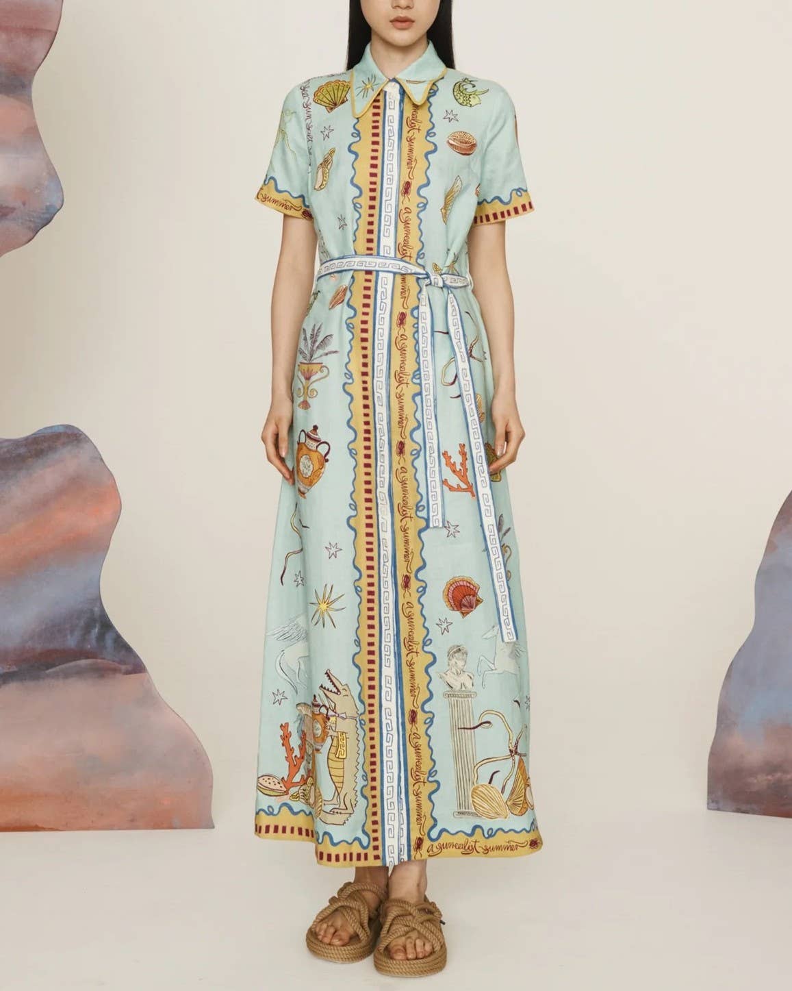 Illustrated Print Belted Maxi Shirt Dress