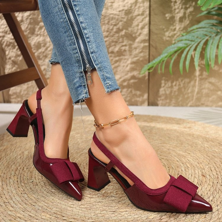 Fabric Bow Patent Slingback Block Heel Pumps