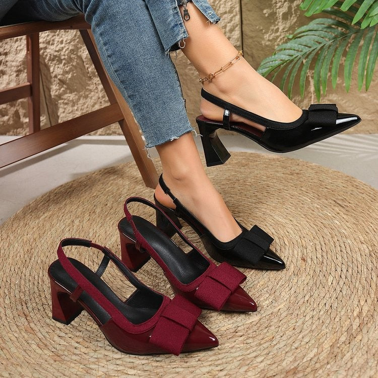 Fabric Bow Patent Slingback Block Heel Pumps