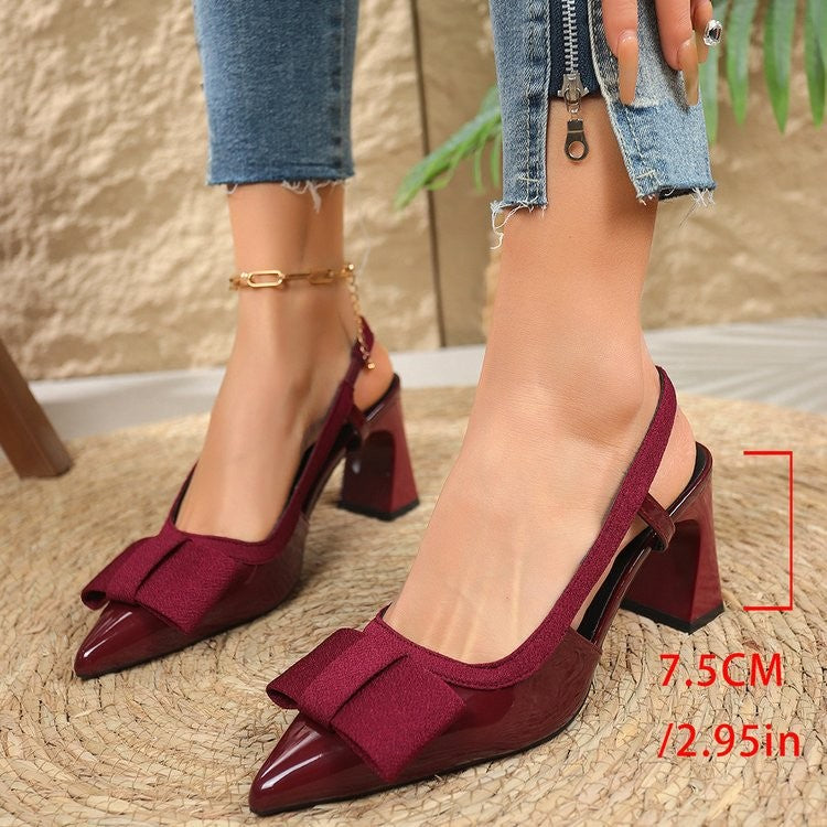 Fabric Bow Patent Slingback Block Heel Pumps
