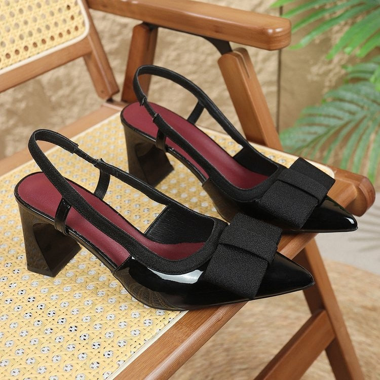 Fabric Bow Patent Slingback Block Heel Pumps