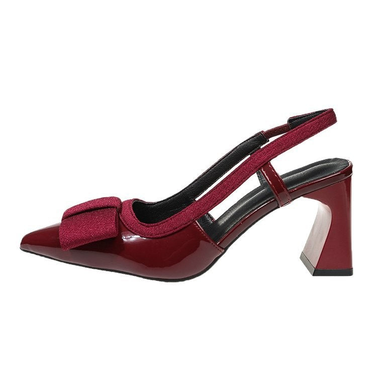 Fabric Bow Patent Slingback Block Heel Pumps