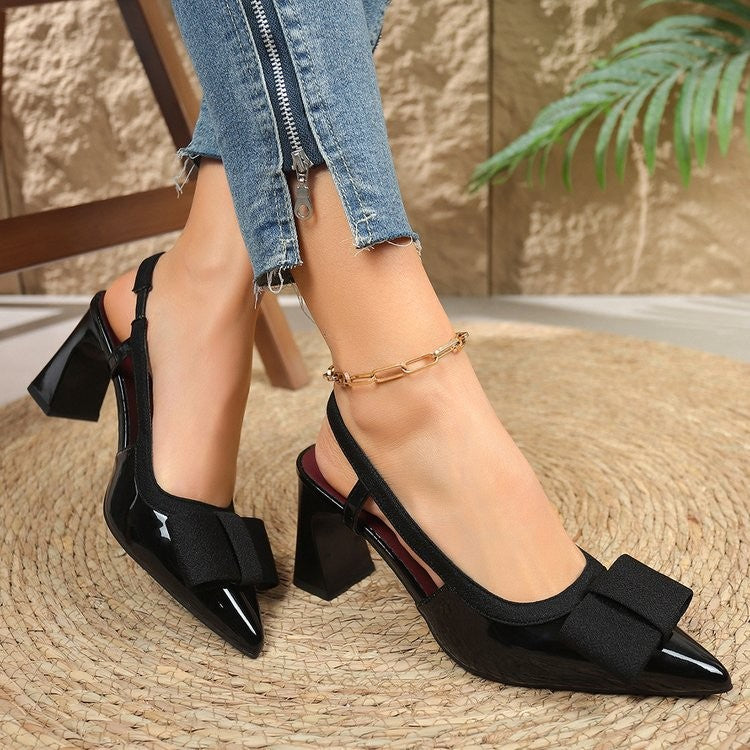 Fabric Bow Patent Slingback Block Heel Pumps
