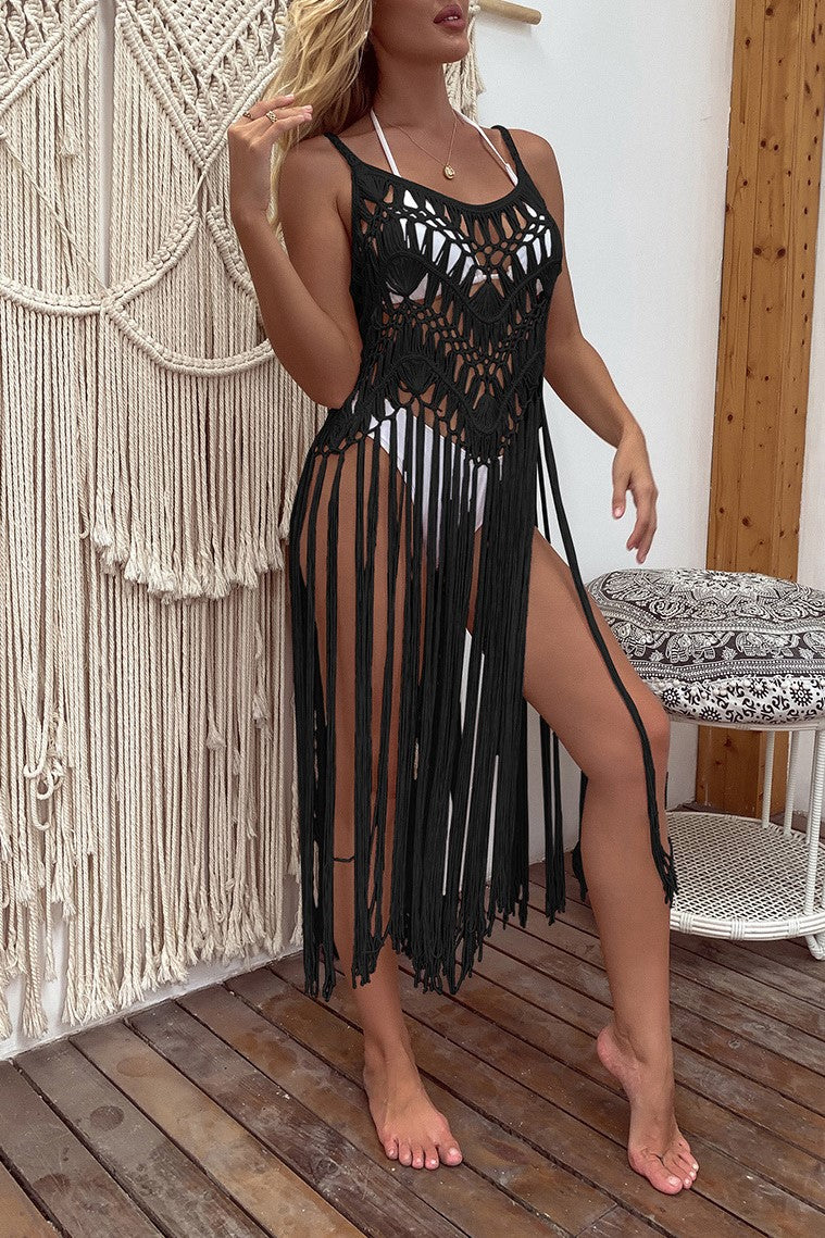 Crochet Cami Cover Up Dress With Long Fringe - Black - 1