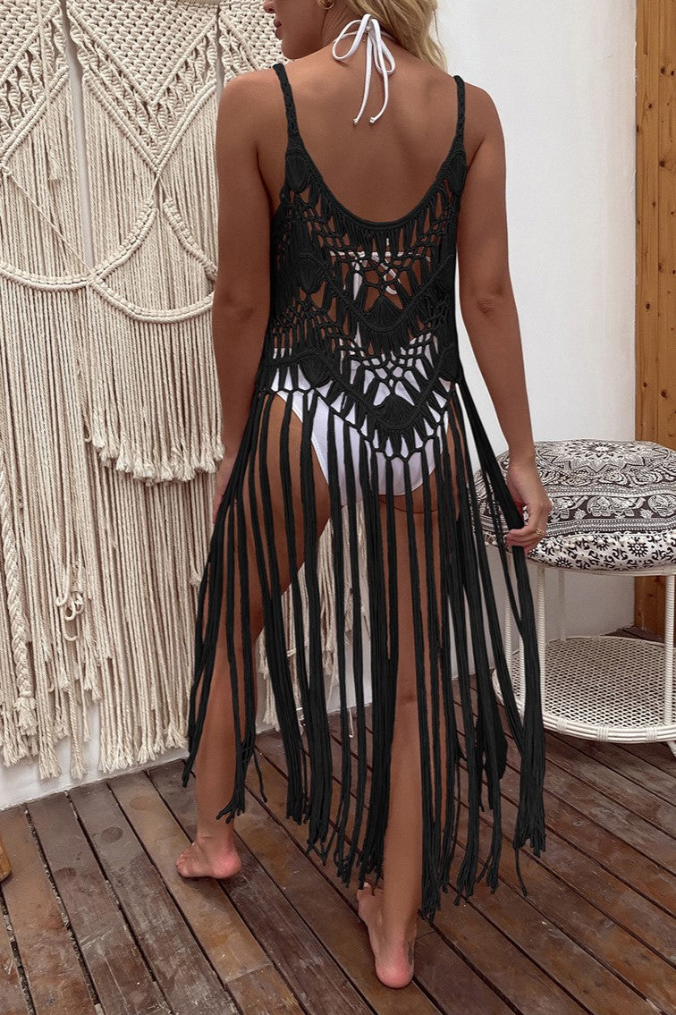 Crochet Cami Cover Up Dress With Long Fringe - Black - 2