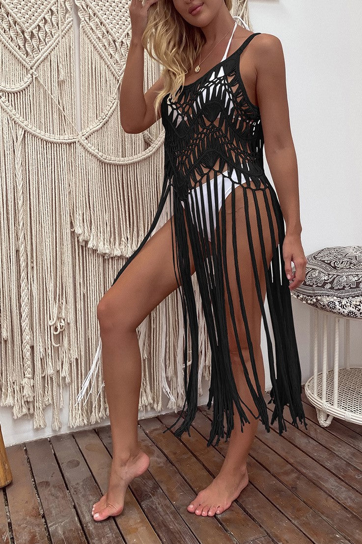 Crochet Cami Cover Up Dress With Long Fringe - Black - 4