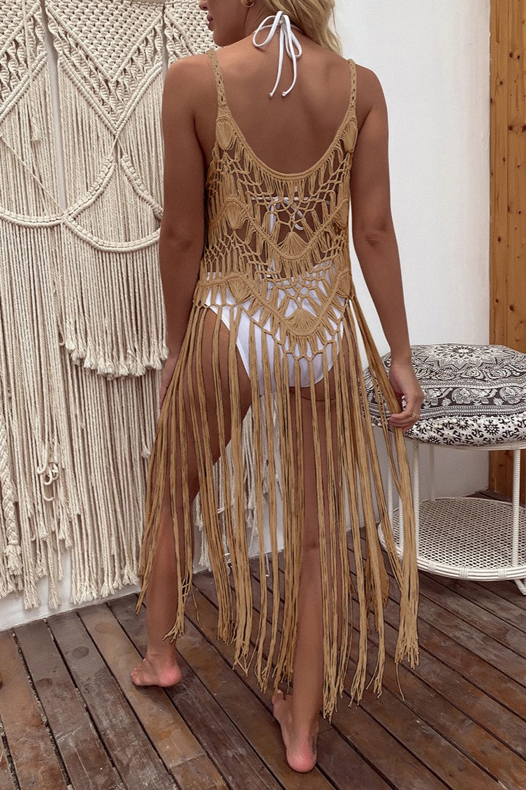 Crochet Cami Cover Up Dress With Long Fringe - Khaki - 1