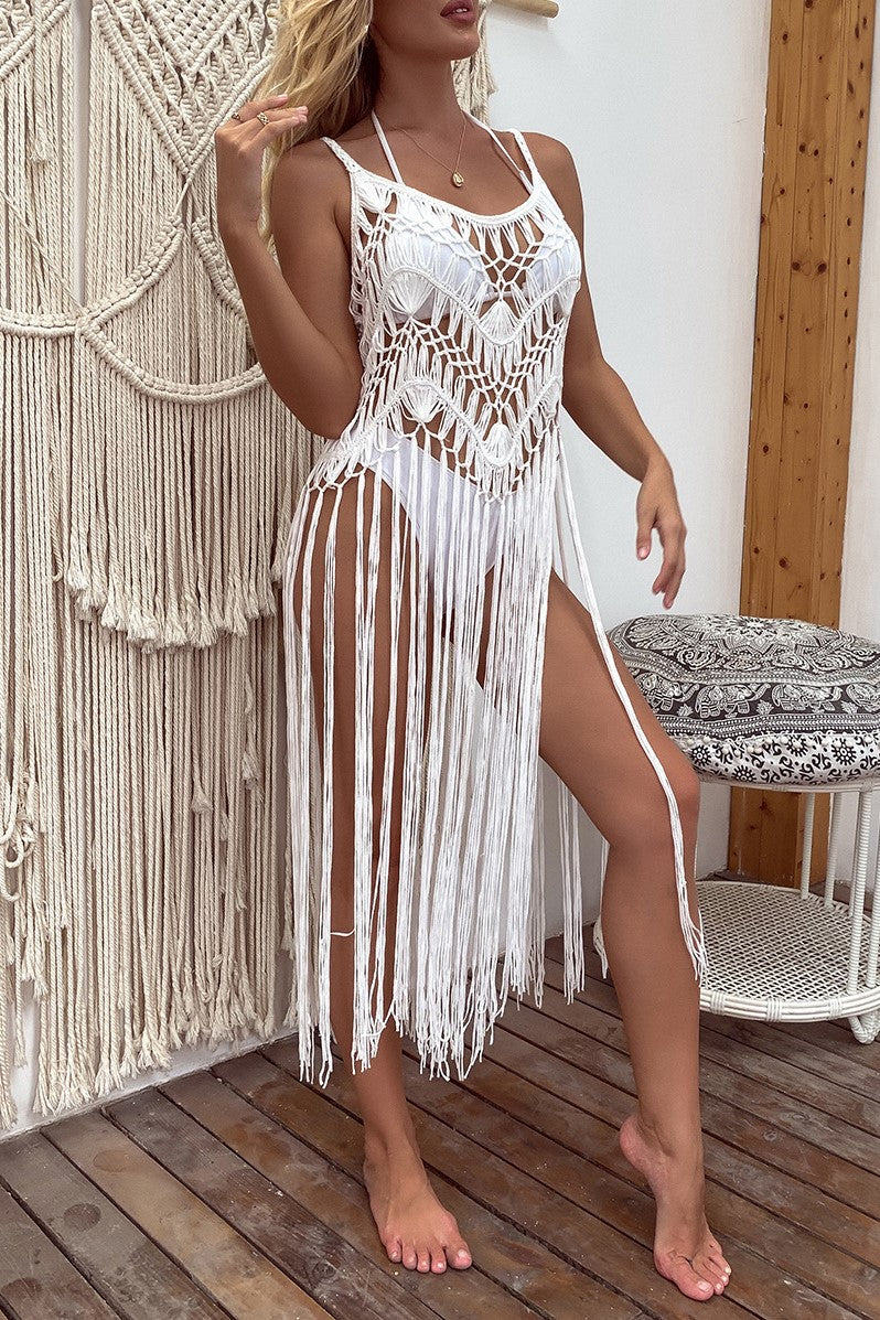 Crochet Cami Cover Up Dress With Long Fringe - White - 1