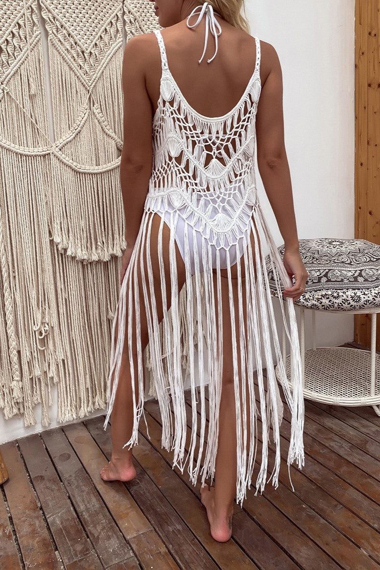Crochet Cami Cover Up Dress With Long Fringe - White - 7