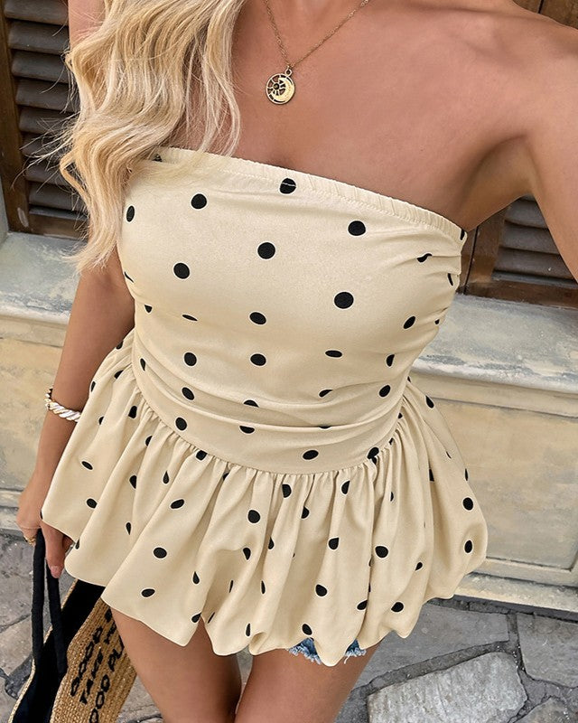 Polka Dot Peplum Strapless Tube Top - Apricot - 2
