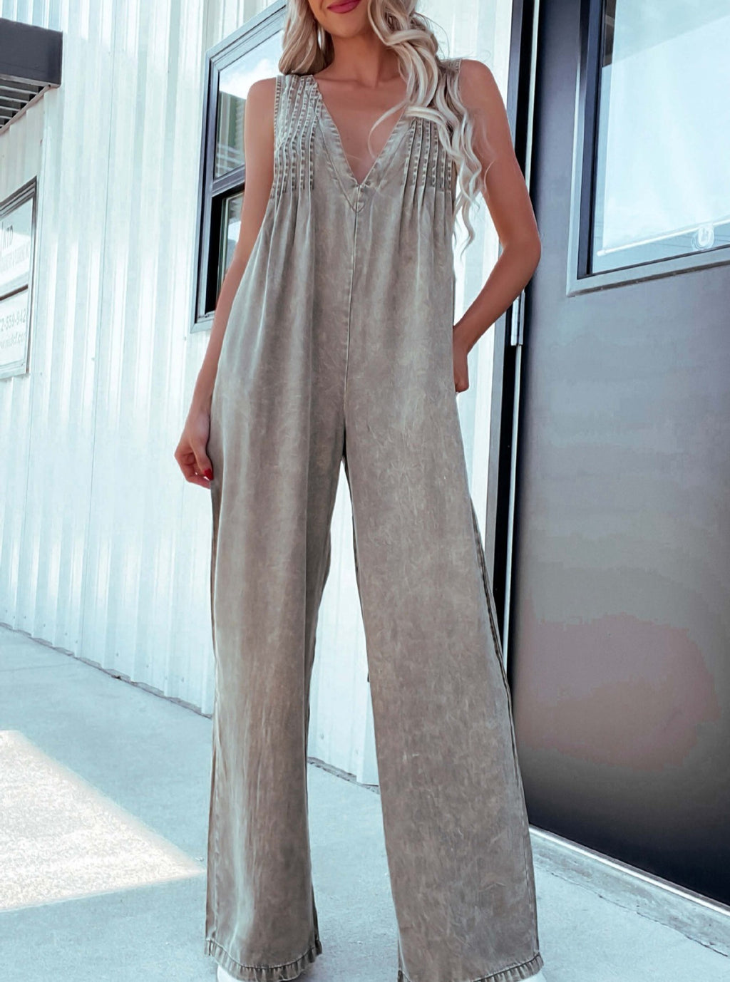 Lace Trim Sleeveless Wide Leg Jumpsuit - Camel
