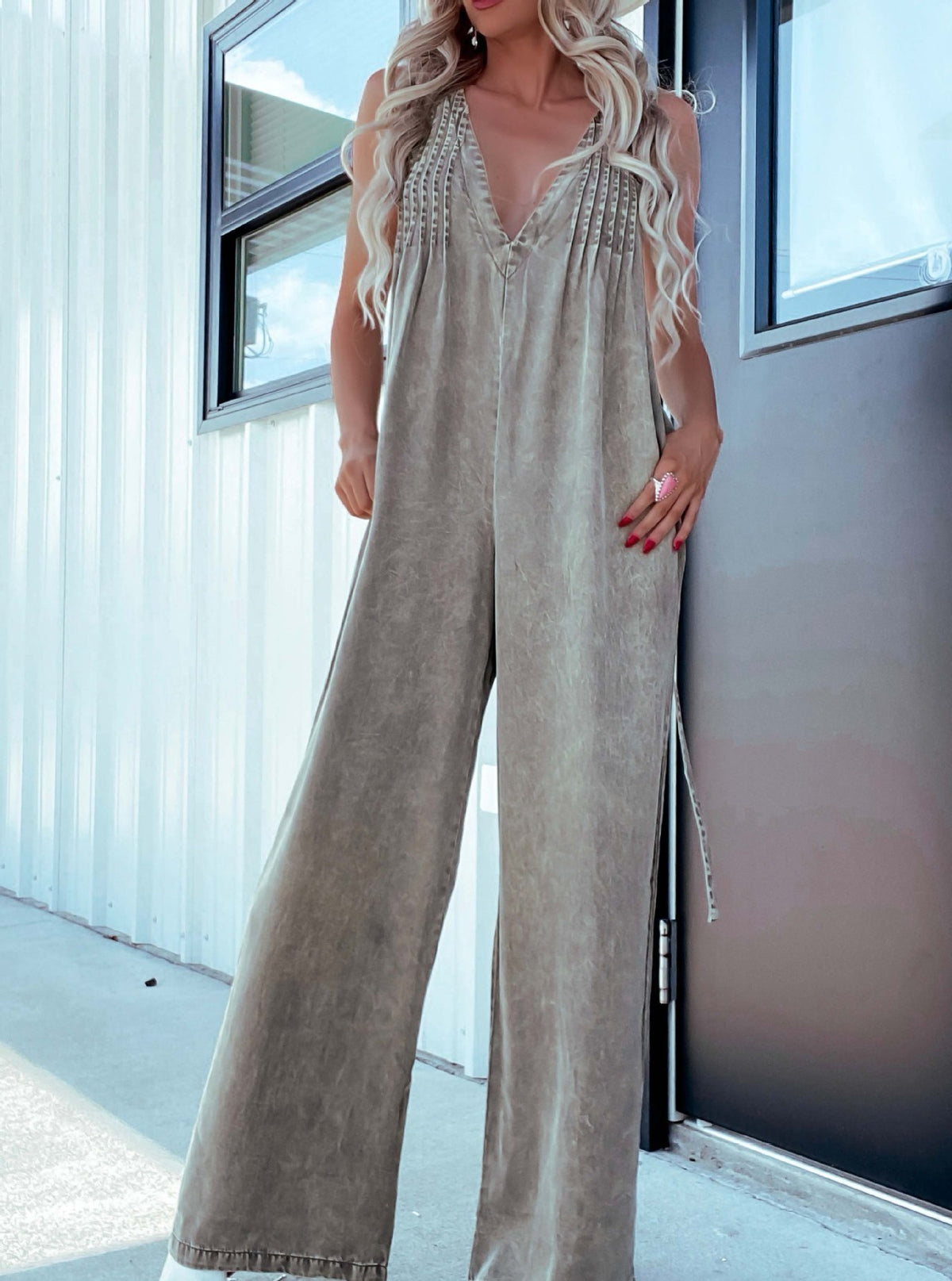 Lace Trim Sleeveless Wide Leg Jumpsuit - Camel - 1