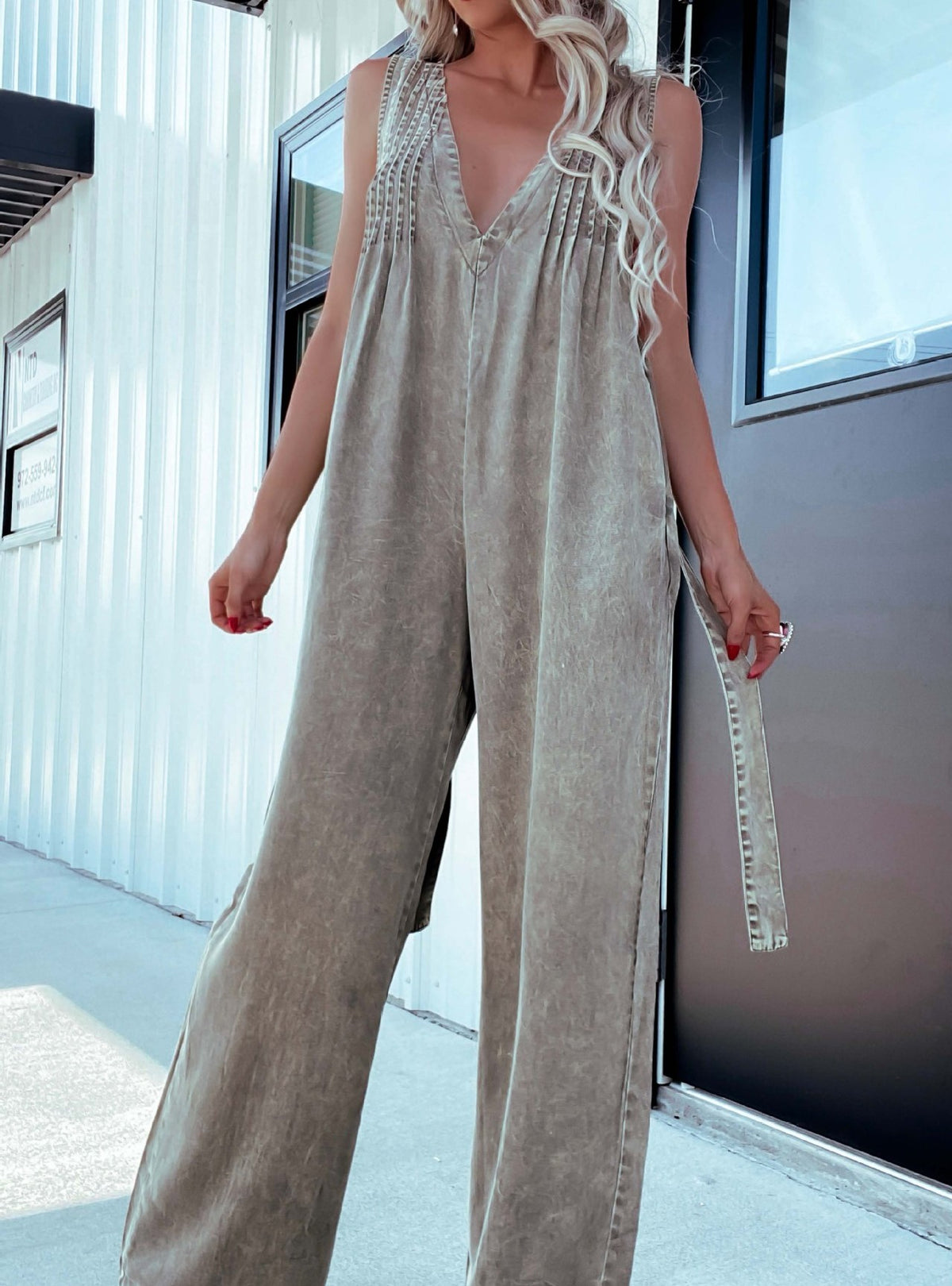 Lace Trim Sleeveless Wide Leg Jumpsuit - Camel - 2
