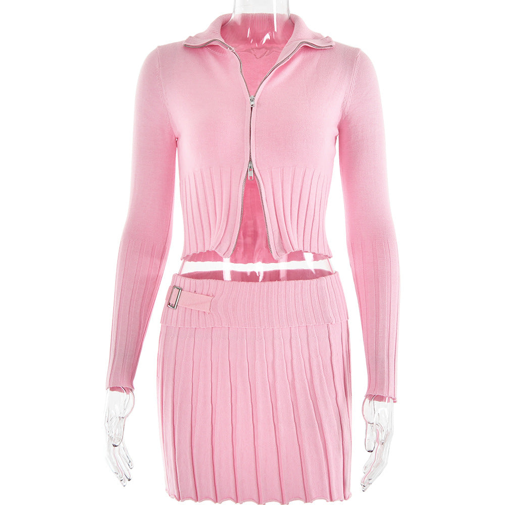 Ribbed Zip Cardigan Pleated Skirt Set - Pink - 5