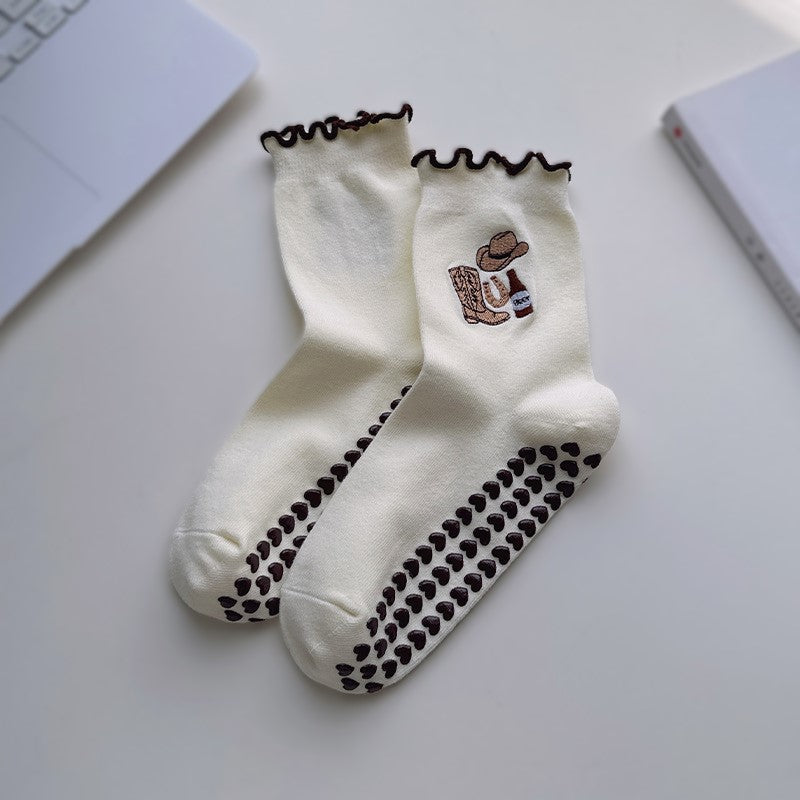 Non Slip Grip Crew Socks With Lettuce Edge - Beer_B
