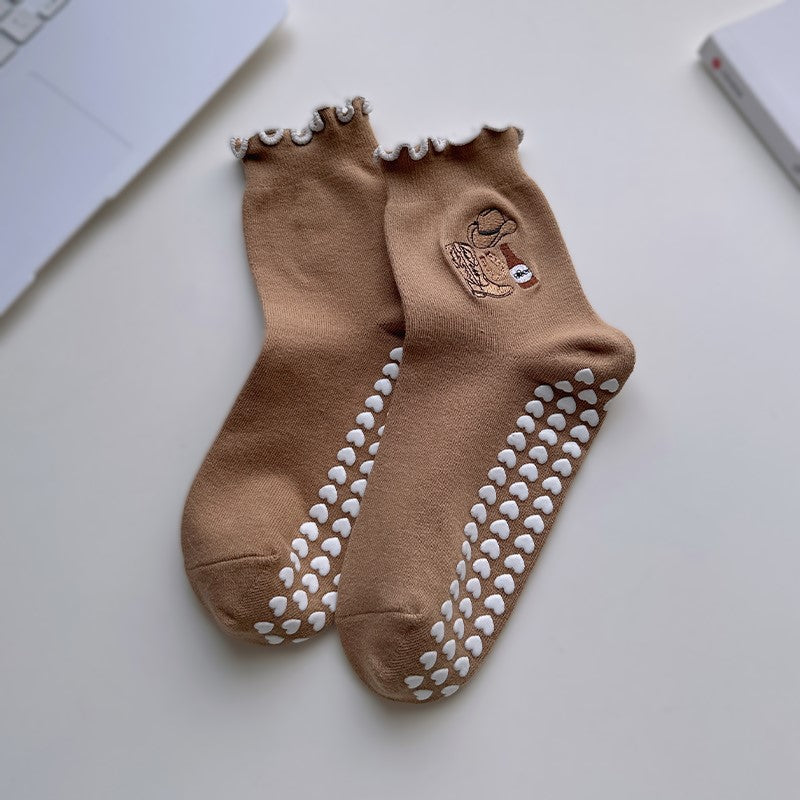 Non Slip Grip Crew Socks With Lettuce Edge - Beer_C