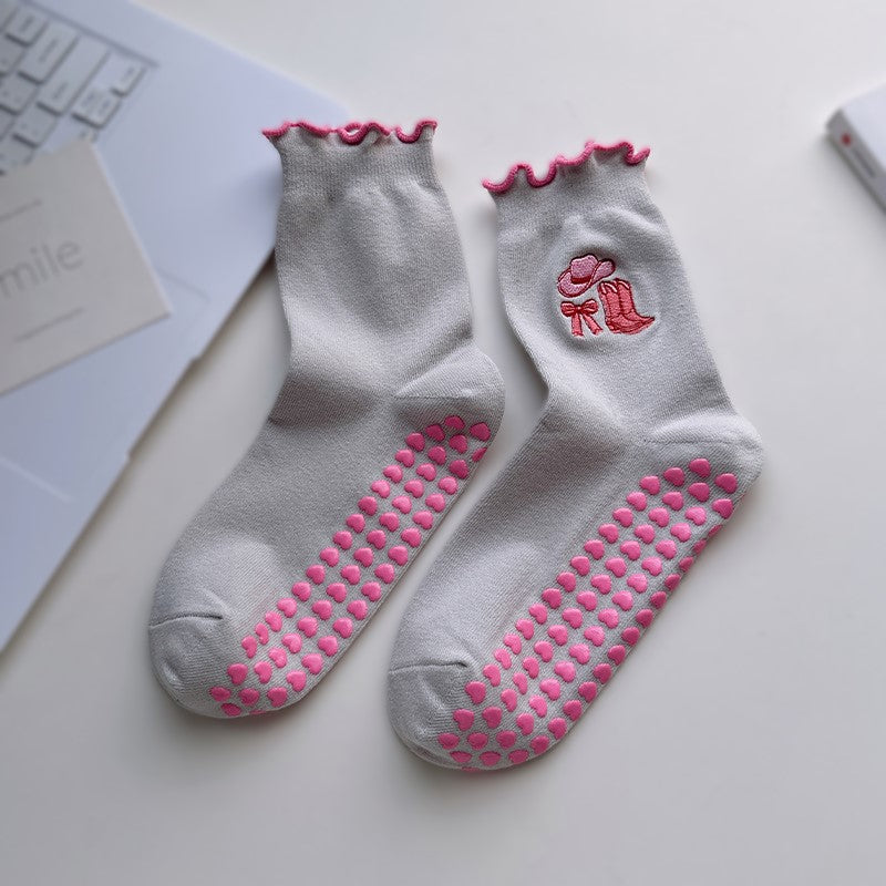 Non Slip Grip Crew Socks With Lettuce Edge - Bow_G