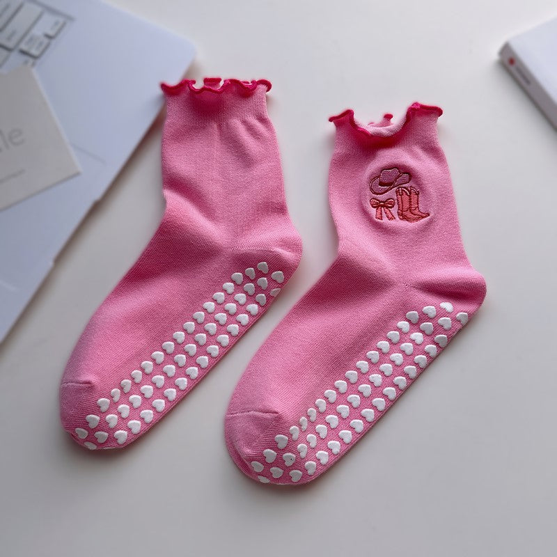 Non Slip Grip Crew Socks With Lettuce Edge - Bow_P