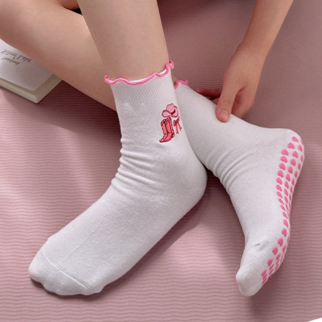 Non Slip Grip Crew Socks With Lettuce Edge - Bow_W