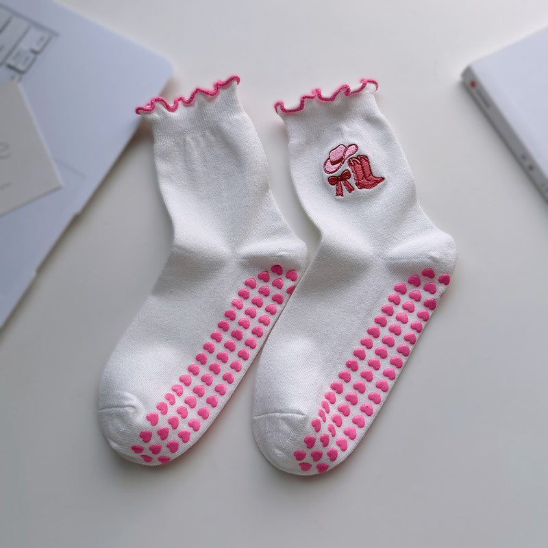 Non Slip Grip Crew Socks With Lettuce Edge - Bow_W - 1