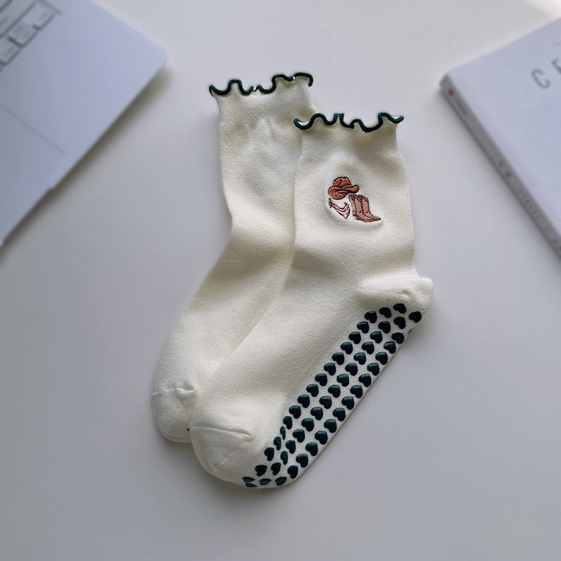 Non Slip Grip Crew Socks With Lettuce Edge - Scarf_A