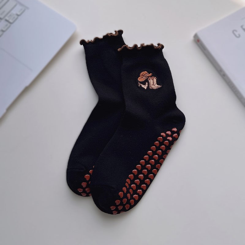 Non Slip Grip Crew Socks With Lettuce Edge - Scarf_B