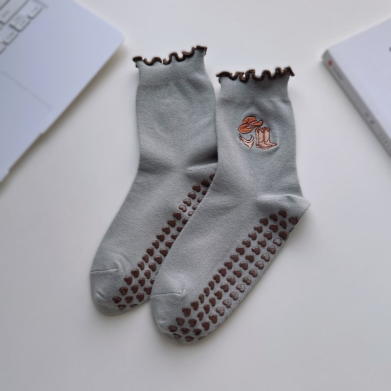 Non Slip Grip Crew Socks With Lettuce Edge - Scarf_G
