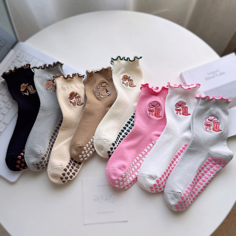 Non Slip Grip Crew Socks With Lettuce Edge - Scarf_G - 1