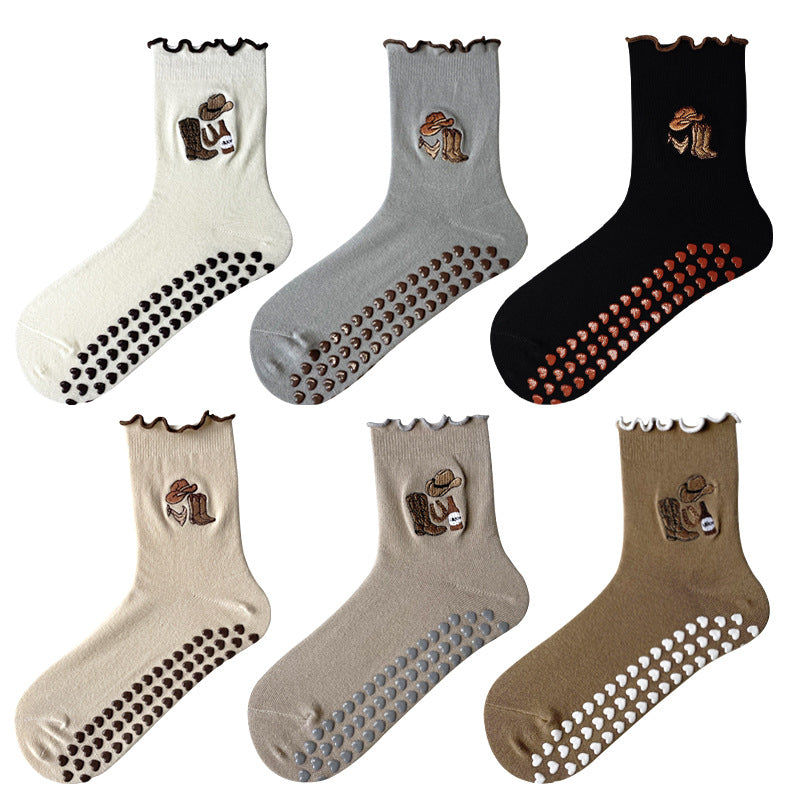 Non Slip Grip Crew Socks With Lettuce Edge - Scarf_G - 2