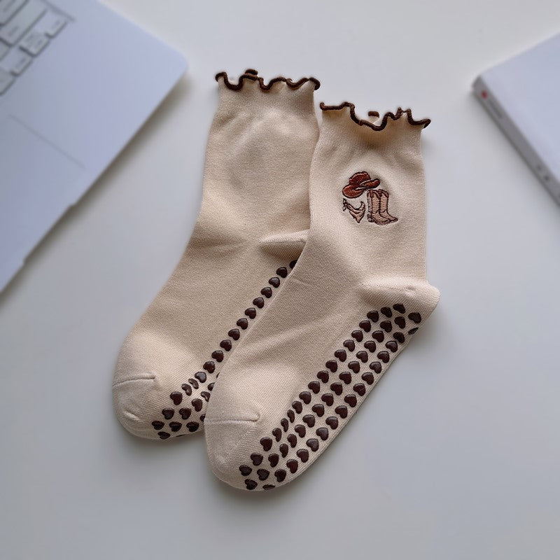 Non Slip Grip Crew Socks With Lettuce Edge - Scarf_K