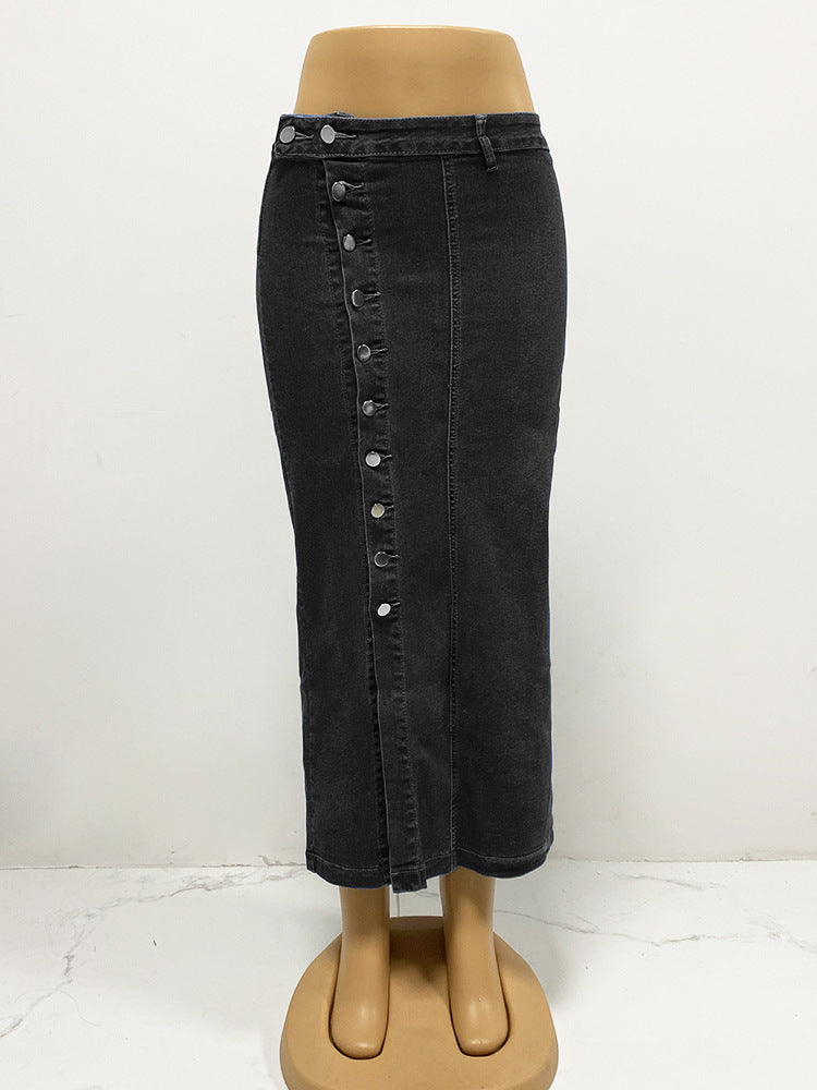 Button Front Slit Denim Maxi Skirt - Black