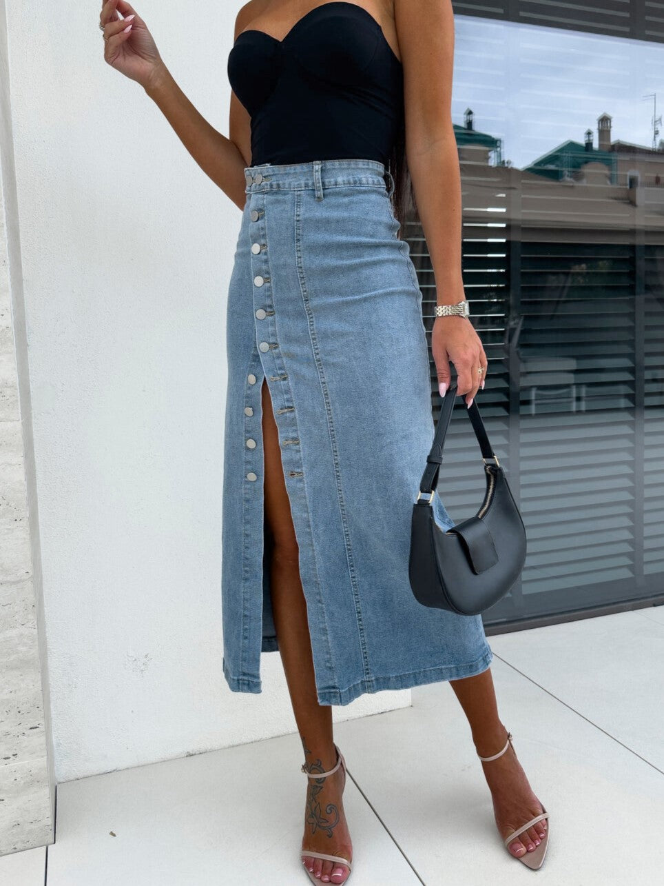 Button Front Slit Denim Maxi Skirt - Blue