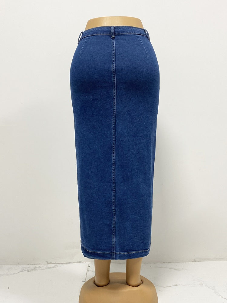 Button Front Slit Denim Maxi Skirt - DarkBlue