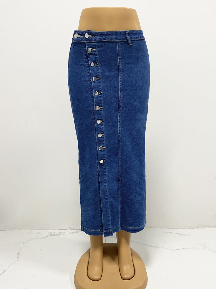 Button Front Slit Denim Maxi Skirt - DarkBlue - 1