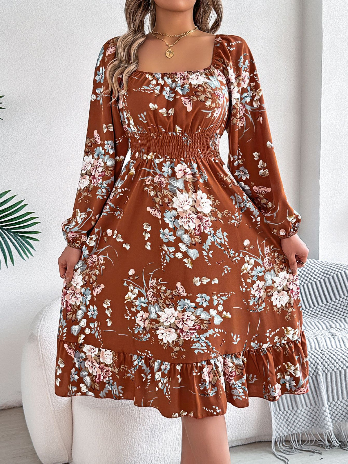 Floral Square Neck Puff Sleeve Midi Dress - Brown