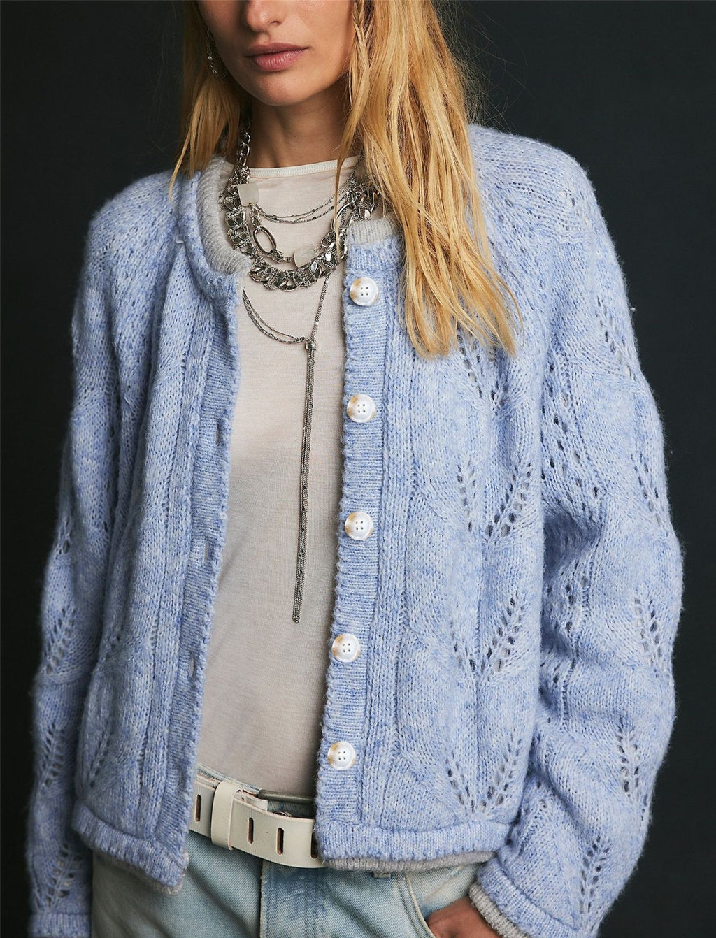 Pointelle Knit Cardigan with Contrast Trim - Blue