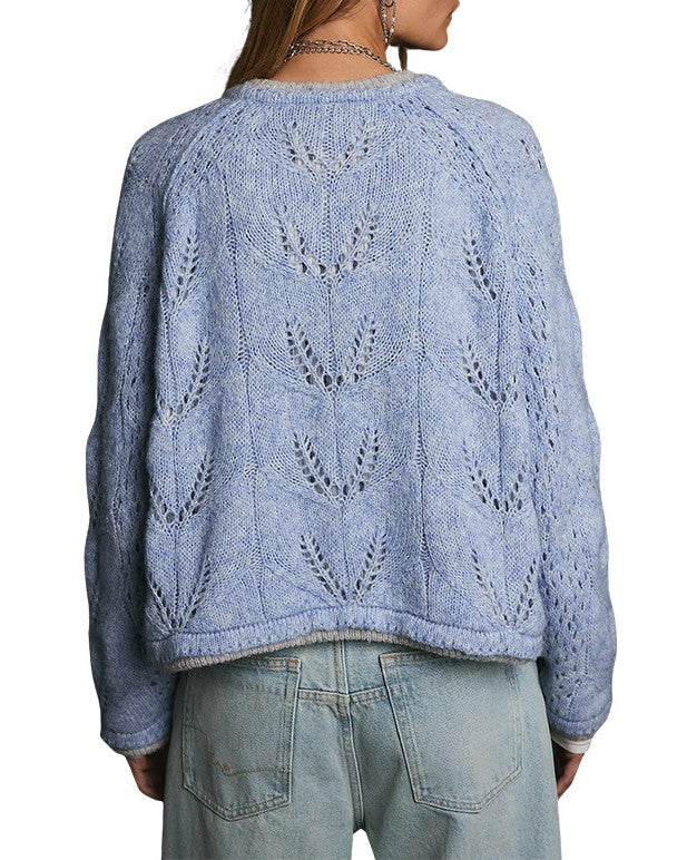 Pointelle Knit Cardigan with Contrast Trim - Blue - 1