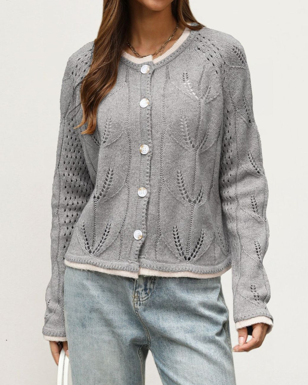 Pointelle Knit Cardigan with Contrast Trim - Grey
