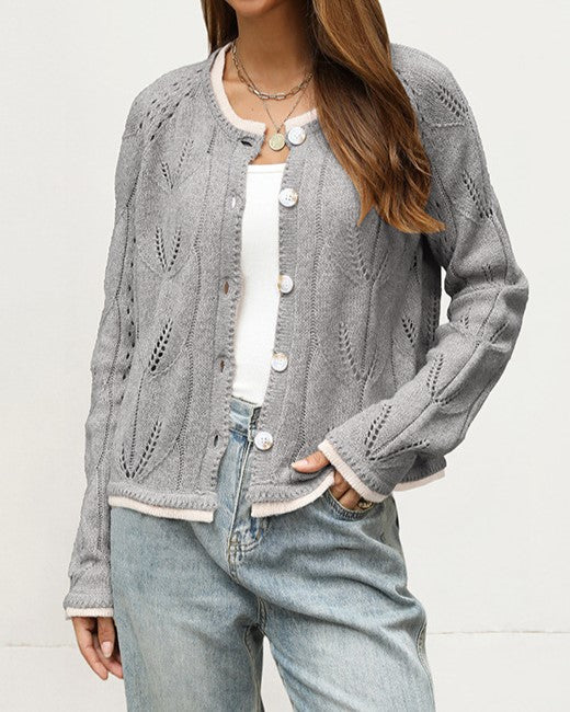 Pointelle Knit Cardigan with Contrast Trim - Grey - 1