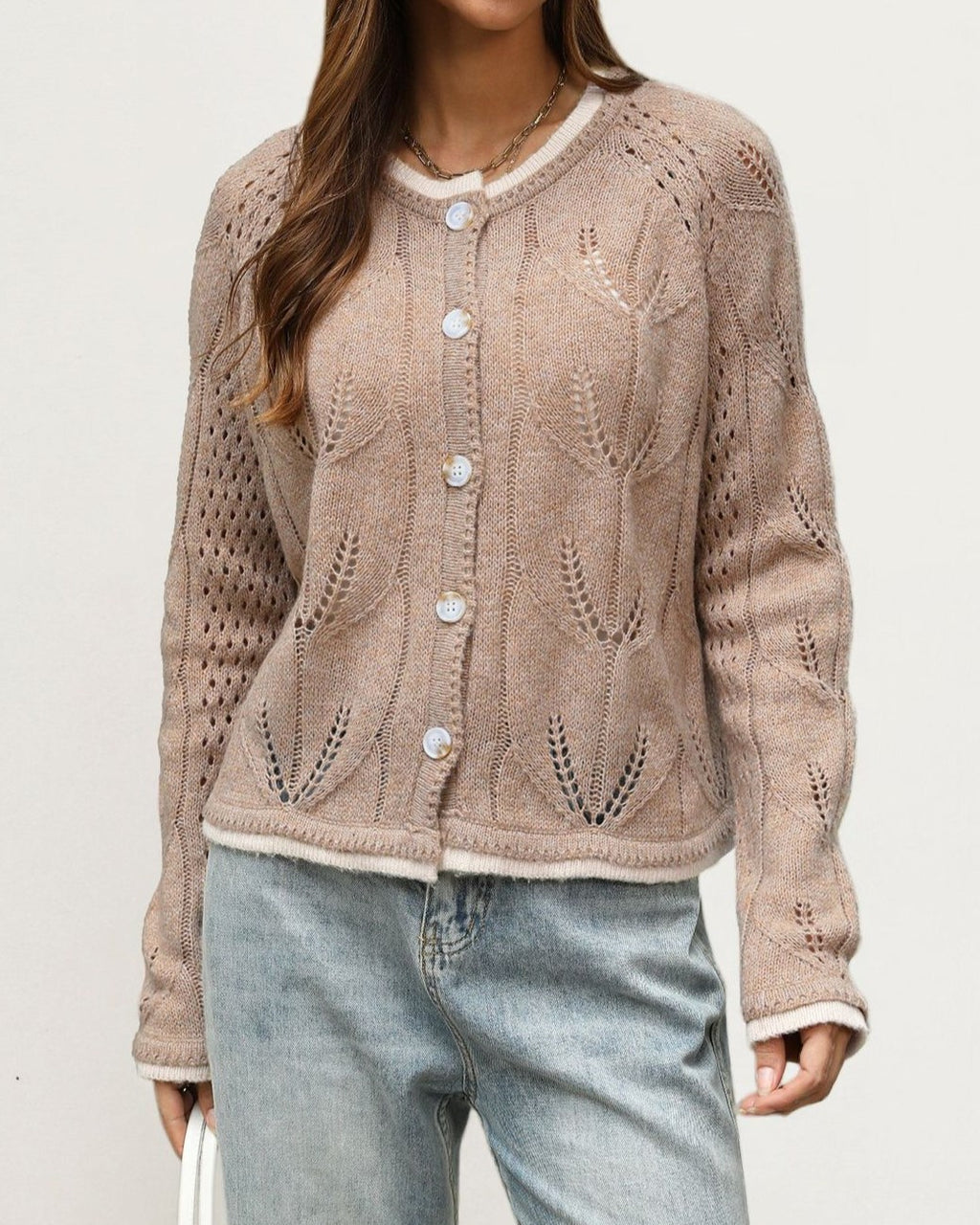 Pointelle Knit Cardigan with Contrast Trim - Khaki