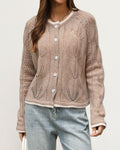 Pointelle Knit Cardigan with Contrast Trim - Khaki